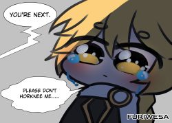Rule 34 | 2boys, absurdres, aether (genshin impact), blonde hair, blush, chibi, crop top, crying, crying with eyes open, furiwesa, genshin impact, highres, multiple boys, scarf, simple background, solo, tears, yellow background