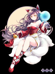 Rule 34 | 1girl, ahri (league of legends), animal ears, bare shoulders, black background, black hair, breasts, cleavage, fox ears, fox tail, full body, kamui (kamuikaoru), large breasts, league of legends, long hair, looking at viewer, multiple tails, orb, smile, solo, tail, yellow eyes