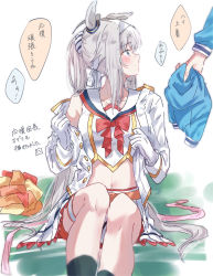 Rule 34 | 2girls, ahoge, animal ears, black legwear, blouse, blue jacket, blush, bow, breasts, closed mouth, cosplay, crop top, feet out of frame, gloves, grey eyes, grey hair, ha (hura76752775), highres, holding, holding clothes, holding jacket, horse ears, horse girl, horse tail, jacket, unworn jacket, long hair, long sleeves, looking away, looking to the side, midriff, multiple girls, navel, nice nature (run&amp;win) (umamusume), nice nature (umamusume), nice nature (umamusume) (cosplay), oguri cap (umamusume), open clothes, open jacket, out of frame, pleated skirt, pom pom (cheerleading), red bow, sailor collar, shirt, simple background, skirt, small breasts, socks, solo focus, tail, translation request, umamusume, very long hair, white background, white gloves, white jacket, white sailor collar, white shirt, white skirt