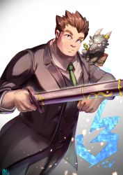 Rule 34 | 1boy, absurdres, animal, animal on shoulder, artist name, book, brown hair, character request, dated, formal, green neckwear, grey eyes, highres, horns, huge filesize, itohiro, male focus, necktie, protagonist 3 (housamo), salomon (housamo), sheath, sheathed, smile, spiked hair, standing, suit, thick eyebrows, tokyo houkago summoners, wand, weapon, white background