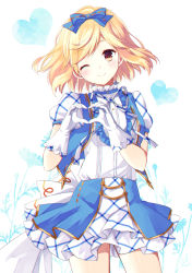 Rule 34 | 10s, 1girl, ;), alternate costume, blonde hair, blush, bow, brown eyes, buttons, djeeta (granblue fantasy), gloves, granblue fantasy, hair bow, hair ribbon, heart, heart hands, kimi to boku no mirai, looking at viewer, one eye closed, open mouth, puffy short sleeves, puffy sleeves, purin jiisan, ribbon, short hair, short sleeves, skirt, smile, solo, superstar (granblue fantasy), white gloves