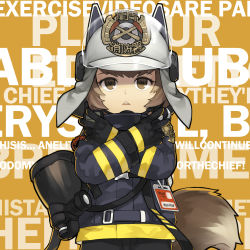 Rule 34 | 1girl, :&lt;, animal ears, animal ears helmet, arknights, text background, black gloves, black jacket, blvefo9, brown background, brown eyes, brown hair, commentary, crossed arms, double v, english commentary, english text, fake animal ears, female focus, fire helmet, firefighter jacket, firefighter, gas mask, gloves, grey headwear, headset, helmet, highres, jacket, long sleeves, looking at viewer, mask, parted lips, round teeth, shaw (arknights), solo, squirrel ears, squirrel girl, squirrel tail, tail, teeth, triangle mouth, upper teeth only, v
