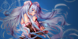 Rule 34 | 1girl, absurdly long hair, bad id, bad pixiv id, black skirt, black sleeves, blue background, blue eyes, blue hair, blue necktie, detached sleeves, floating hair, frilled sleeves, frills, hair between eyes, hatsune miku, highres, holding, holding microphone stand, long hair, long sleeves, microphone stand, necktie, nianbingzi, open mouth, pleated skirt, shirt, skirt, solo, standing, twintails, very long hair, vocaloid, white sleeves