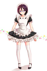 Rule 34 | 1girl, :o, apron, arms at sides, bad id, bad pixiv id, black dress, black footwear, bleach, blush, collarbone, dress, frilled dress, frills, full body, high heels, kuchiki rukia, kurage1, looking at viewer, maid, maid headdress, parted lips, pigeon-toed, puffy short sleeves, puffy sleeves, purple eyes, purple hair, shoes, short hair, short sleeves, simple background, solo, thighhighs, white apron, white background, white thighhighs, wing collar, zettai ryouiki