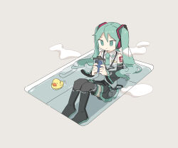 Rule 34 | 1girl, bathing, black footwear, black skirt, black sleeves, blue eyes, blue hair, blue necktie, boots, cellphone, closed mouth, clothed bath, collared shirt, commentary, detached sleeves, expressionless, full body, futami ya, grey background, grey shirt, hatsune miku, highres, holding, holding phone, knees up, lanyard, long hair, looking at phone, necktie, phone, pleated skirt, rubber duck, shirt, shoulder tattoo, simple background, sitting, skirt, sleeveless, sleeveless shirt, smartphone, solo, steam, tattoo, thigh boots, twintails, vocaloid, water