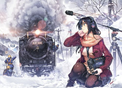 Rule 34 | 1girl, between breasts, black hair, black pantyhose, breasts, headphones, kneeling, locomotive, long hair, md5 mismatch, microphone, microphone stand, original, pantyhose, plaid, plaid scarf, recording, resolution mismatch, scarf, smoke, snow, sony, source larger, steam locomotive, strap between breasts, train, vania600, winter clothes