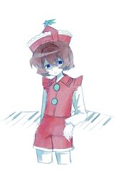 Rule 34 | 1girl, absurdres, bingkuaihei, blue eyes, brown hair, buttons, closed mouth, collared vest, cowboy shot, film grain, flat chest, frilled vest, frills, hair between eyes, hat, highres, long sleeves, lyrica prismriver, parted bangs, red hat, red shorts, red vest, shaded face, shirt, shorts, simple background, skirt, smile, solo, touhou, vest, white background, white shirt, white skirt, white trim