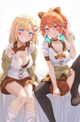 Rule 34 | 2girls, absurdres, blonde hair, blue eyes, blush, breasts, cleavage, clothes around waist, cross-laced clothes, earrings, feather earrings, feathers, feet, feet out of frame, foot out of frame, gradient hair, green hair, hair ornament, hat, highres, hololive, hololive english, jewelry, knee up, large breasts, legs, long hair, looking at viewer, loose kneehigh, mole, mole on breast, multicolored hair, multiple girls, no shoes, orange hair, paid reward available, pink hair, plaid, plaid skirt, purple eyes, shironekokfp, short sleeves, skirt, smile, sticker on face, sweater, sweater around waist, takanashi kiara, thighhighs, thighs, toes, virtual youtuber, watson amelia
