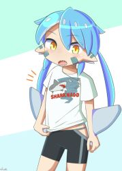 Rule 34 | bike shorts, blue hair, blush, facial mark, gills, highres, jewelry, monster girl, necklace, open mouth, original, pointy ears, shark girl, sharknado, sharp teeth, shirt, smith.s, t-shirt, teeth, tooth necklace, yellow eyes
