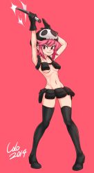 Rule 34 | 10s, 1girl, bad id, bad tumblr id, beanie, belt pouch, black gloves, boots, breasts, colo (nagrolaz), full body, gloves, hat, highres, holster, jakuzure nonon, kill la kill, knife, no panties, nudist beach uniform, pink eyes, pink hair, pouch, red background, shoulder holster, skull print, small breasts, solo, thigh boots, thighhighs, underboob