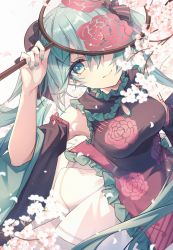 Rule 34 | 1girl, aqua eyes, aqua hair, aqua nails, black dress, blush, bow, branch, breasts, chinese clothes, closed mouth, clothing cutout, commentary, detached sleeves, dress, floral print, flower, frilled dress, frills, from above, glass, hair between eyes, hair bow, hair ornament, hand up, hatsune miku, highres, holding, long hair, looking at viewer, looking up, medium breasts, nail polish, one eye covered, petals, shade, skirt, smile, solo, transparent, twintails, vocaloid, white flower, white skirt, wide sleeves, zhong chai