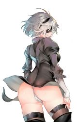 Rule 34 | 1girl, ass, backless outfit, black dress, black gloves, black thighhighs, blindfold, breasts, brown thighhighs, cowboy shot, dress, gloves, hairband, leotard, mole, mole under mouth, nier (series), nier:automata, short hair, skindentation, skirt, solo, teddy (khanshin), thighhighs, thighs, two-sided fabric, two-sided skirt, white gloves, white hair, white leotard, 2b (nier:automata)