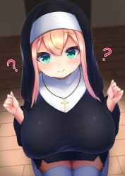 Rule 34 | 1girl, ?, aqua eyes, black dress, blonde hair, blush, breast focus, breasts, closed mouth, cross, cross necklace, dress, facing viewer, from above, habit, hands up, huge breasts, impossible clothes, indoors, jewelry, kneeling, long hair, long sleeves, looking at viewer, necklace, nun, oppai loli, original, pencil skirt, skirt, smile, solo, taut clothes, thighhighs, veil, watari1118, white thighhighs, wooden floor