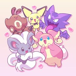 Rule 34 | 5others, absurdres, animal feet, animal focus, audino, black eyes, blue eyes, blush, brown tail, cinccino, colored skin, creatures (company), dot nose, drop shadow, fluffy, furry, furry female, game freak, gen 1 pokemon, gen 2 pokemon, gen 5 pokemon, haunter, heart, highres, loveycloud, multiple others, nintendo, no humans, open mouth, outline, pawpads, pichu, pink background, pink fur, pokemon, pokemon (creature), purple skin, sentret, simple background, smile, tail, tongue, tongue out, two-tone fur, white hair, white outline, yellow fur, yellow skin