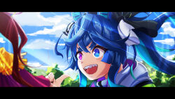 Rule 34 | 2girls, :d, @ @, animal ears, aqua hair, black nails, blue eyes, blue hair, blue sky, bow, cape, cloud, commentary request, crossed bangs, day, epaulettes, floating hair, foliage, hair bow, hand up, heterochromia, highres, hood, hoodie, horse ears, horse girl, letterboxed, light rays, long hair, looking at another, multicolored clothes, multicolored hair, multicolored hoodie, multiple girls, nail polish, nodane, open mouth, out of frame, outdoors, pointing, pointing at self, portrait, purple eyes, red cape, sharp teeth, sidelocks, sky, smile, solo focus, striped, striped bow, sunbeam, sunlight, teeth, tokai teio (umamusume), twin turbo (umamusume), twintails, two-tone hair, umamusume, upper teeth only