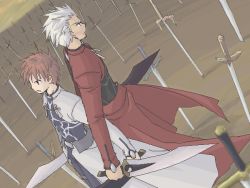 Rule 34 | 00s, 2boys, archer (fate), back-to-back, dual wielding, emiya shirou, fate/stay night, fate (series), holding, kanshou &amp; bakuya (fate), male focus, multiple boys, sword, time paradox, unlimited blade works (fate), weapon