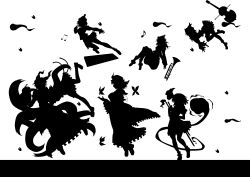 Rule 34 | 6+girls, absurdres, bad id, bad pixiv id, chen, female focus, flying, greyscale, highres, hitodama, hug, instrument, katana, kitazinger, konpaku youmu, konpaku youmu (ghost), lunasa prismriver, lyrica prismriver, merlin prismriver, monochrome, multiple girls, musical note, petals, saigyouji yuyuko, short hair, silhouette, sword, touhou, trumpet, violin, weapon, yakumo ran