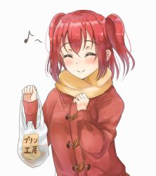 Rule 34 | 1girl, ^ ^, bag, blush, brown scarf, closed eyes, closed mouth, coat, commentary request, duffel coat, eighth note, facing viewer, hair between eyes, holding, holding bag, kurosawa ruby, long hair, love live!, love live! school idol festival, love live! sunshine!!, musical note, plastic bag, red coat, red hair, scarf, shopping bag, simple background, sin (sin52y), smile, solo, two side up, upper body, white background