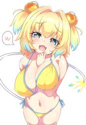 Rule 34 | + +, 1girl, absurdres, arm between breasts, between breasts, bikini, blonde hair, blue eyes, blue hair, blush, bombergirl, breasts, cleavage, colored tips, commentary, fang, fuse tail, grenade hair ornament, hair intakes, highres, kenzuishi, large breasts, lit fuse, looking at viewer, multicolored hair, navel, open mouth, oppai loli, parted lips, pine (bombergirl), short hair, short twintails, sidetie bikini, simple background, skin fang, smile, solo, speech bubble, swimsuit, teeth, twintails, two-tone hair, white background, yellow bikini, yellow pupils