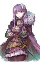 Rule 34 | 1girl, bad id, bad pixiv id, breast hold, breasts, cleavage, cloak, cowboy shot, dress, drill hair, falcom, feather hair ornament, feathers, fur trim, gloves, griselda (ys), hair ornament, hand in own hair, large breasts, long hair, looking at viewer, pantyhose, purple dress, purple eyes, purple gloves, purple hair, purple pantyhose, sheath, sheathed, side drill, sketch, solo, sword, uuta (uturautouto), weapon, ys, ys viii lacrimosa of dana