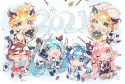 Rule 34 | 2021, 2boys, 4girls, akeome, animal ears, animal print, aqua eyes, aqua hair, aqua necktie, arm warmers, bare shoulders, black collar, black legwear, black shirt, black shorts, black skirt, black sleeves, blonde hair, blue eyes, blue hair, blush, boots, bottle, bow, brown hair, chibi, chinese zodiac, closed eyes, coat, collar, commentary, cow ears, cow horns, cow print, detached sleeves, grey shirt, hair bow, hair ornament, hairclip, happy, happy new year, hatsune miku, highres, holding, holding bottle, holding string, horns, kagamine len, kagamine rin, kaito (vocaloid), kinoko neppu, knees together feet apart, leaf, long hair, looking at viewer, megurine luka, meiko (vocaloid), miniskirt, multiple boys, multiple girls, neckerchief, necktie, new year, one eye closed, open mouth, outstretched arms, pink hair, pleated skirt, red skirt, sailor collar, sake bottle, scarf, shirt, short hair, short ponytail, shorts, signature, skirt, sleeveless, sleeveless shirt, smile, snow, snow rabbit, snow writing, spiked hair, stick, string, string of flags, swept bangs, thighhighs, twig, twintails, v, very long hair, vocaloid, white bow, white coat, white scarf, white shirt, year of the ox, yellow neckerchief, zettai ryouiki
