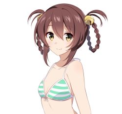 Rule 34 | 1girl, aika (mitou shoukan), bell, bikini, braid, breasts, brown hair, cleavage, closed mouth, collarbone, green eyes, hair bell, hair between eyes, hair ornament, halterneck, mitou shoukan://blood sign, nemu mohu, simple background, small breasts, smile, solo, striped bikini, striped clothes, swimsuit, twin braids, upper body, white background