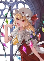 Rule 34 | 1girl, back bow, blonde hair, bow, commentary, crystal, fang, flandre scarlet, hand up, hat, hat ribbon, highres, jaeyun, light blush, long hair, looking at viewer, mob cap, open mouth, pointing, pointing at self, pointy ears, red eyes, red ribbon, red skirt, red vest, ribbon, shirt, short sleeves, side ponytail, skirt, smile, solo, touhou, upper body, vest, white bow, white hat, white shirt, window, wings