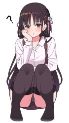 Rule 34 | 1girl, ?, black hair, black panties, black thighhighs, blush, braid, cafe stella to shinigami no chou, collared shirt, commentary, earrings, eyes visible through hair, flower, full body, hair flower, hair ornament, hair ribbon, hairclip, hand on own cheek, hand on own face, hand up, head rest, highres, jewelry, long hair, long sleeves, looking at viewer, no shoes, open mouth, panties, panty peek, parted bangs, pink ribbon, ribbon, shiki natsume, shirt, side braid, simple background, solo, squatting, straight-on, straight hair, stud earrings, symbol-only commentary, thighhighs, thighs, underwear, very long hair, white background, white flower, white shirt, yellow eyes, zlmh7okwwbmghfo