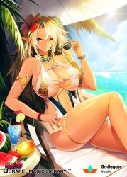 Rule 34 | 1girl, apple, armlet, bare shoulders, beach, bikini tan, blonde hair, blue nails, blue sky, blush, bracelet, breasts, choker, cleavage, cloud, copyright name, cup, curvy, day, drink, drinking glass, flower, food, fruit, glasses, green eyes, hair flower, hair ornament, hibiscus, horizon, huge breasts, jewelry, knee up, large breasts, long hair, looking at viewer, nail polish, navel, outdoors, palm tree, pointy ears, qurare magic library, removing eyewear, sitting, sky, smile, snowball22, solo, sunglasses, sunlight, swimsuit, tan, tanline, thick thighs, thigh strap, thighs, tree, umbrella, underboob, water, watermelon, wide hips, wristband
