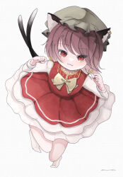 1girl :3 animal_ear_piercing animal_ears awahara bow bowtie brown_hair cat_ears cat_tail chen commentary_request earrings fang fang_out from_above full_body gold_trim hands_up hat highres jewelry knees_together_feet_apart long_sleeves looking_at_viewer mob_cap multiple_tails nail_polish nekomata petticoat red_eyes red_nails red_skirt red_vest simple_background single_earring skirt skirt_set slit_pupils solo swept_bangs tail touhou two_tails vest white_background white_bow white_bowtie