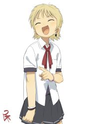 Rule 34 | 1girl, :d, blonde hair, bracelet, earrings, closed eyes, fang, female focus, highres, jewelry, laughing, open mouth, original, pointing, satsuyo, short hair, simple background, single earring, skirt, smile, solo, white background