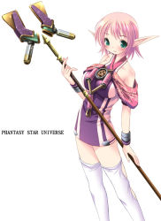 Rule 34 | 1girl, aqua eyes, bracelet, breasts, copyright name, green eyes, halterneck, jewelry, large breasts, light smile, phantasy star, phantasy star universe, pink hair, pointy ears, shiragi, short hair, skirt, sleeveless, solo, staff, standing, text focus, thighhighs, weapon, white background, white thighhighs, zettai ryouiki