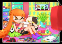Rule 34 | 1girl, :p, :q, amiibo, bad id, bad pixiv id, bendy straw, bike shorts, blunt bangs, book, cat, character doll, chest of drawers, child, clock, colorful, controller, cup, drawer, drink, drinking glass, drinking straw, eyebrows, figure, fish, game, game console, game controller, gelatin, headphones, headphones removed, holding, indoors, inkling, inkling girl, inkling player character, judd (splatoon), knees up, legs together, long hair, midriff peek, monster girl, nintendo, no shoes, on floor, orange eyes, orange hair, plant, playing games, pointy ears, potted plant, purple legwear, riko (sorube), socks, splatoon (series), splatoon 1, squid, starfish, tank top, television, tentacle hair, tongue, tongue out, tray, wallpaper (object), wii u, window