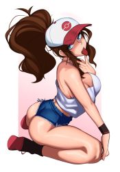Rule 34 | 1boy, 1girl, ass, baseball cap, blue eyes, blush, boots, breasts, brown hair, cleavage, creatures (company), crossdressing, curly hair, cutoffs, denim, denim shorts, exposed pocket, game freak, hat, high ponytail, highres, hilda (pokemon), kevbot, kneeling, large breasts, long hair, looking at viewer, nintendo, open mouth, pokemon, pokemon bw, ponytail, shirt, short shorts, shorts, sidelocks, sleeveless, sleeveless shirt, solo, tank top, thick thighs, thighs, white shirt, wristband