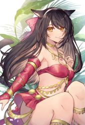 Rule 34 | 1girl, animal ears, anklet, bandeau, bare shoulders, black hair, blurry, bow, breasts, bridal gauntlets, brown eyes, cat ears, cat girl, cleavage, closed mouth, collarbone, commentary request, coyucom, dancer (final fantasy), facial mark, final fantasy, final fantasy xiv, floating hair, hair bow, harem outfit, highres, jewelry, long hair, looking at viewer, medium breasts, miqo&#039;te, neck ring, necklace, smile, solo, stomach, thighs, warrior of light (ff14)