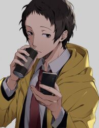 Rule 34 | 1boy, adachi tooru, bags under eyes, black hair, black jacket, can, canned coffee, cellphone, closed mouth, coat, collared shirt, drink can, drinking, flip phone, grey background, hands up, highres, holding, holding can, holding phone, hood, hood down, hooded coat, jacket, long sleeves, looking at viewer, male focus, necktie, persona, persona 4, phone, red necktie, shirt, short hair, simple background, soda can, solo, upper body, white shirt, yellow coat, yellow raincoat, yoshino saku