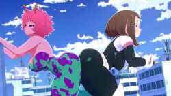 Rule 34 | 1boy, 2girls, 3d, animated, ashido mina, ass, ass-to-ass, ass press, between buttocks, black sclera, bodysuit, boku no hero academia, bouncing breasts, breasts, brown hair, butt crush, city, cleavage, colored sclera, colored skin, curvy, embarrassed, giant, giantess, girl sandwich, hip attack, huge ass, large breasts, multiple girls, pink hair, pink skin, plump, sandwiched, scrag boy, short hair, smile, smug, sound, tagme, teamwork, thick thighs, thighs, uraraka ochako, video