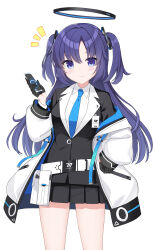 Rule 34 | 1girl, belt, black jacket, black skirt, blue archive, blue eyes, blue hair, blue necktie, blush, cellphone, closed mouth, collared shirt, commentary request, cowboy shot, eyelashes, eyes visible through hair, hair between eyes, halo, hand on own hip, hand up, highres, holding, holding phone, jacket, long hair, long sleeves, looking at viewer, miniskirt, necktie, notice lines, off shoulder, open clothes, open jacket, parted bangs, phone, pleated skirt, shirt, simple background, skirt, smartphone, smile, solo, standing, straight-on, two side up, utsunomiya tsumire, very long hair, white background, white belt, white jacket, white shirt, yuuka (blue archive)