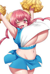 Rule 34 | 1girl, ;d, absurdres, alternate costume, armpits, arms up, blue skirt, breasts, cheerleader, cho!cho!, dragon girl, dragon horns, fang, highres, horns, huge breasts, ilulu (maidragon), kobayashi-san chi no maidragon, long hair, looking at viewer, low twintails, midriff, navel, one eye closed, open mouth, pom pom (cheerleading), red eyes, red hair, shortstack, simple background, skirt, smile, solo, twintails, underboob, white background