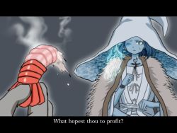 Rule 34 | 1boy, 1girl, blue eyes, blue hair, blue skin, cloak, closed mouth, colored skin, dress, elden ring, english text, extra arms, extra faces, flat chest, fur cloak, giving food, hat, highres, iota tou, large hat, one eye closed, ranni the witch, shrimp, solo focus, subtitled, tarnished (elden ring), white dress, white headwear, wide-eyed, witch hat