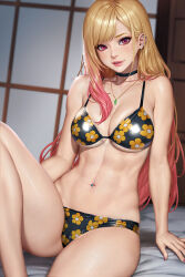 1girl abs barbell_piercing bikini blonde_hair breasts cleavage colored_tips ear_piercing highres jewelry kitagawa_marin looking_at_viewer multicolored_hair navel navel_piercing necklace neoartcore parted_lips piercing pink_nails print_bikini smile solo sono_bisque_doll_wa_koi_wo_suru stomach swimsuit toned toned_female