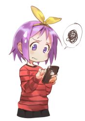 Rule 34 | 1girl, annoyed, blue eyes, bow, cellphone, hair bow, highres, hiiragi tsukasa, iphone, lucky star, phone, purple hair, sendo (sendrawz), short hair, smartphone, solo, striped clothes, striped sweater, sweatdrop, sweater, white background