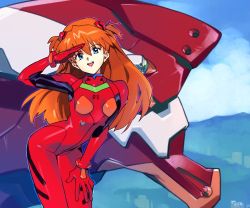 Rule 34 | 1girl, blue eyes, bodysuit, breasts, cloud, cloudy sky, commentary, curvy, day, english commentary, eva 02, hand on own thigh, hill, horizon, interface headset, leaning forward, long hair, looking at viewer, mecha, neon genesis evangelion, optionaltypo, orange hair, pilot suit, plugsuit, red bodysuit, robot, salute, sky, small breasts, smile, solo focus, souryuu asuka langley, teeth, twintails, two side up, upper body, upper teeth only