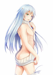 Rule 34 | 1boy, alyut (brave frontier), ass, back, backless dress, backless outfit, bare back, bare shoulders, bishounen, blue eyes, brave frontier, breasts, butt crack, cowboy shot, dress, flat chest, from behind, green eyes, halterneck, hand up, heterochromia, highres, legs apart, looking at viewer, looking back, male focus, meme attire, naked sweater, no bra, no panties, open mouth, ribbed sweater, solo, sweater, sweater dress, thighhighs, trap, turtleneck, turtleneck sweater, vayreceane, virgin killer sweater, white dress, white sweater, white thighhighs