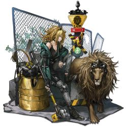 Rule 34 | 1girl, animal ears, arknights, bag, bare shoulders, black choker, black footwear, black nails, black tank top, blonde hair, boots, breasts, candy, choker, cleavage, collarbone, cross-laced footwear, duffel bag, fence, food, green jacket, grey pants, hair between eyes, hammer, highres, holding, holding hammer, infukun, jacket, knee pads, knee up, lace-up boots, large breasts, lion, lion ears, lion tail, lollipop, long hair, looking at viewer, messy hair, nail polish, off shoulder, official alternate costume, official art, open mouth, pants, partially unzipped, ponytail, sidelocks, siege (arknights), siege (legacy) (arknights), single knee pad, sitting, solo, tachi-e, tail, tank top, transparent background, war hammer, weapon, yellow eyes