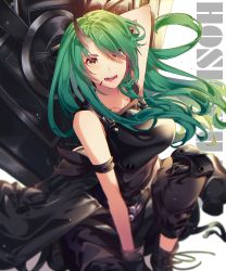 Rule 34 | 1girl, :d, absurdres, arknights, arm behind back, arm scarf, armor, bare shoulders, black footwear, black shirt, black tank top, breasts, character name, clothes around waist, green hair, hair over one eye, highres, holding, holding shield, horns, hoshiguma (arknights), jacket, jacket around waist, kikan (kikanoe), knee pads, large breasts, long hair, open mouth, shield, shirt, shirt around waist, single horn, skin-covered horns, smile, tank top, yellow eyes