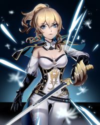 Rule 34 | 1girl, black gloves, blonde hair, blue capelet, blue eyes, breasts, capelet, cleavage, commentary request, cowboy shot, datcravat, detached sleeves, genshin impact, gloves, hair between eyes, highres, holding, holding sword, holding weapon, jean (genshin impact), left-handed, looking at viewer, medium breasts, medium hair, pants, ponytail, purple lips, solo, standing, strapless, sword, thighs, weapon, white pants