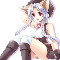 Rule 34 | 1girl, :p, animal ears, bare shoulders, between breasts, blue hair, boots, breasts, cat ears, hat, long hair, necktie, original, panties, red eyes, shinolion, sitting, solo, striped clothes, striped panties, takitsume shino, thighhighs, tongue, tongue out, underwear
