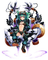 Rule 34 | 1girl, :d, animal ears, blush, boots, collar, flat chest, full body, gears, goggles, goggles on head, green hair, gremlin (monster girl encyclopedia), grin, highres, jetpack, jewelry, kenkou cross, looking at viewer, machinery, mechanical arms, monster girl, monster girl encyclopedia, navel, necklace, official art, open mouth, short hair, simple background, sitting, smile, solo, v-shaped eyebrows, white background, wrench, yellow eyes