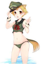 Rule 34 | 10s, 1girl, abenattou, adjusting clothes, adjusting headwear, animal ears, bad id, bad pixiv id, bikini, blonde hair, blush, bow, brown eyes, crop top, crop top overhang, erwin (girls und panzer), fox ears, fox tail, girls und panzer, green bikini, hat, kemonomimi mode, looking at viewer, open mouth, peaked cap, sailor collar, short hair, smile, solo, standing, swimsuit, tail, tankini, wading, water, white background, wrist cuffs